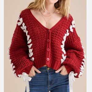 Altar’d State Red Threaded Ribbon Cardigan Button up Sweater NWT